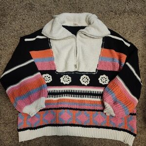 POL Black and White Cowl Neck Sweater with Retro Stripes